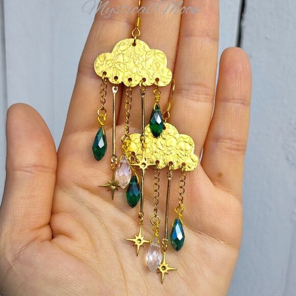 Jewelry - Summer Showers Green & Clear Crystal Cloud Whimsical Chandelier Earrings Stars